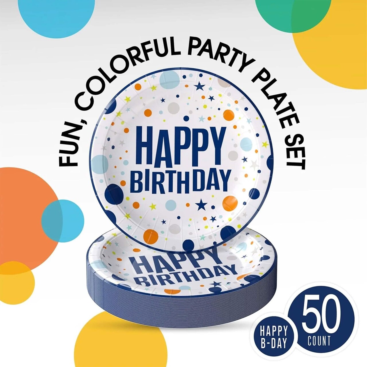 50 Count Blue Birthday Print Paper Plates 7 Inch Disposable Party Celebrations